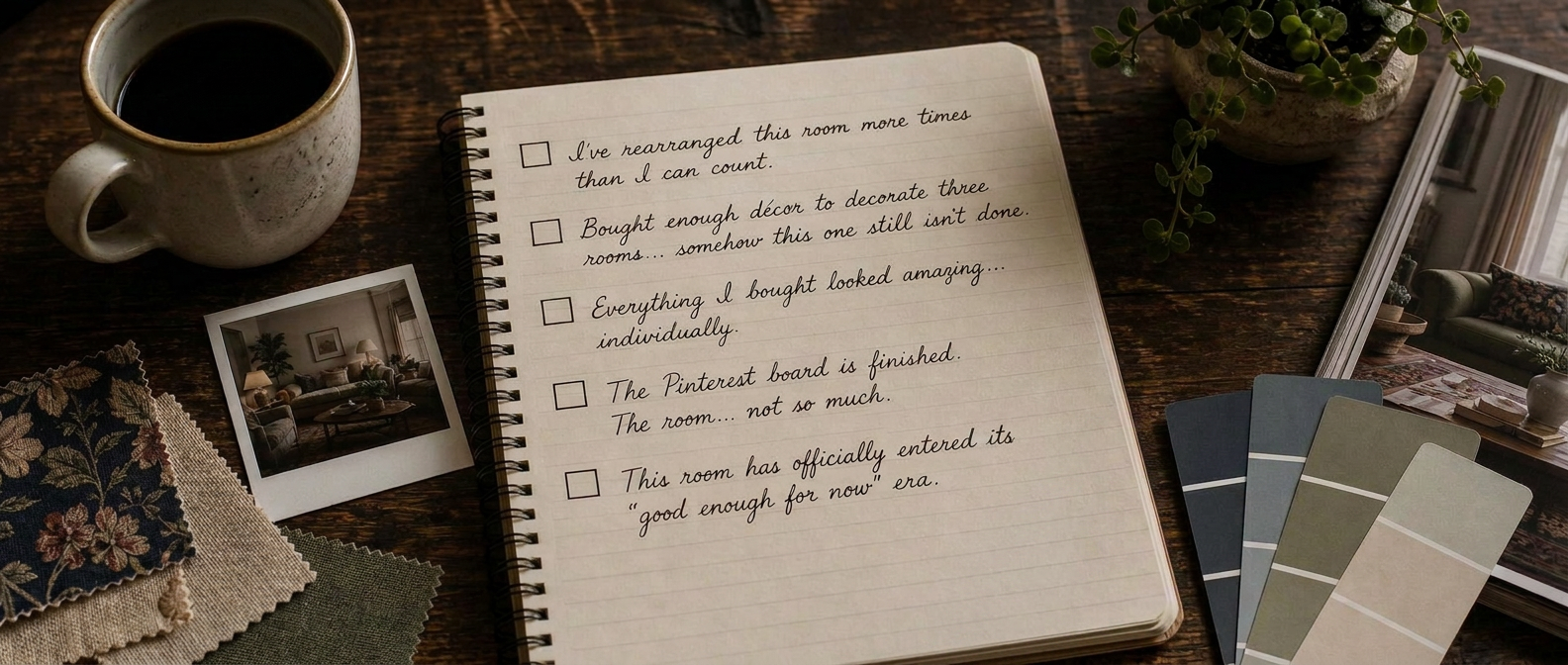 A handwritten notebook checklist: rearranged the room, bought décor, finished the Pinterest board — and the room still isn't done