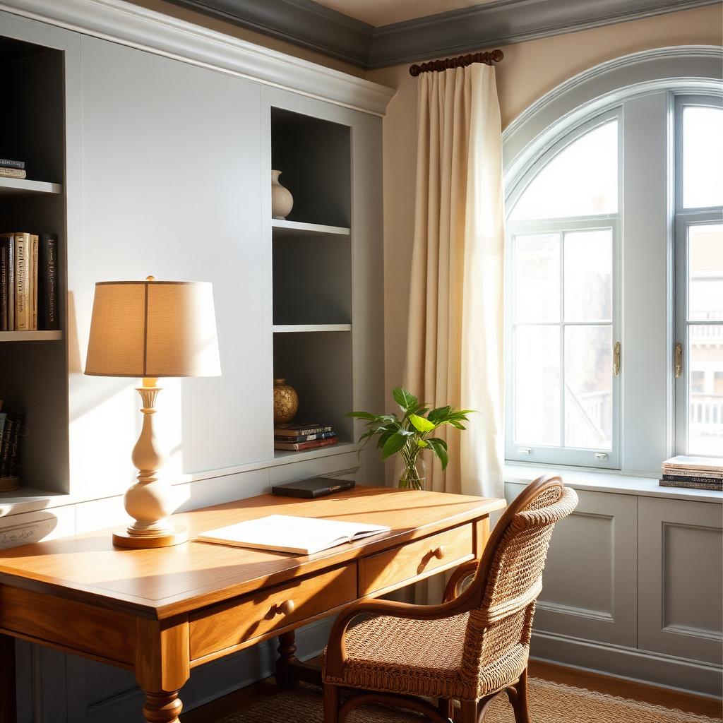 A finished home office with an oak desk, arched window, and soft linen curtains