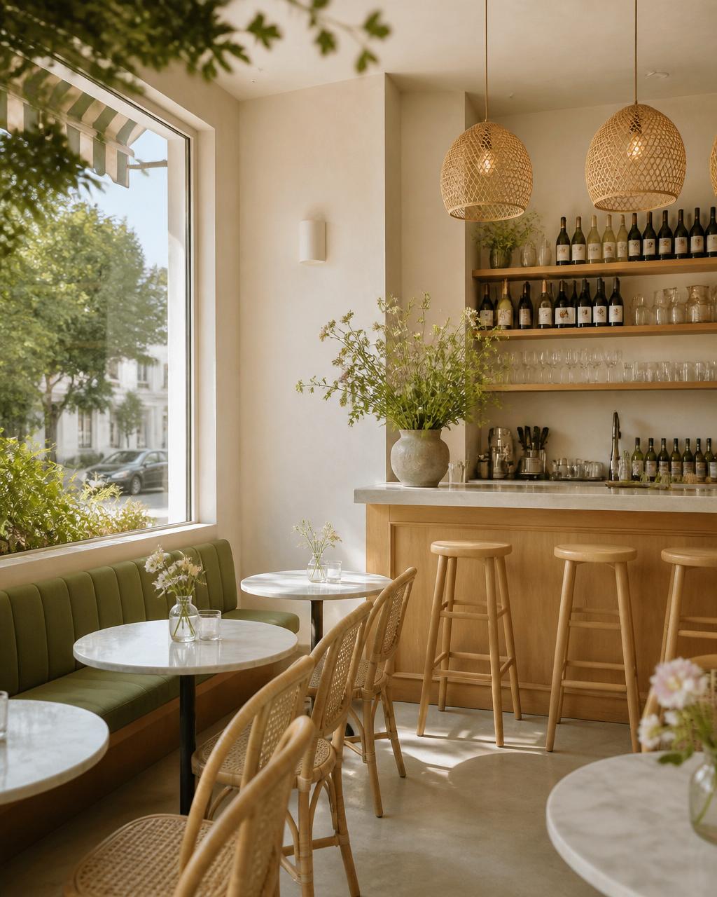 A small boutique restaurant with warm wood tables, muted blue banquettes, and an arched window