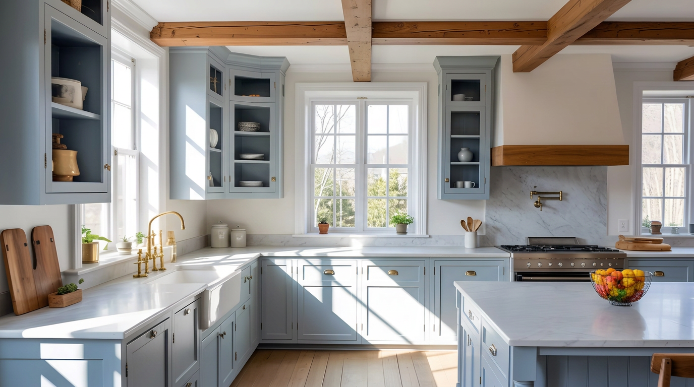 A fully transformed kitchen with new cabinetry, lighting, and finishes